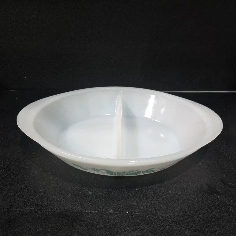 Glasbake‎ Divided Casserole Dish J-2352, Aqua Turquoise Fruit Design Milk Glass